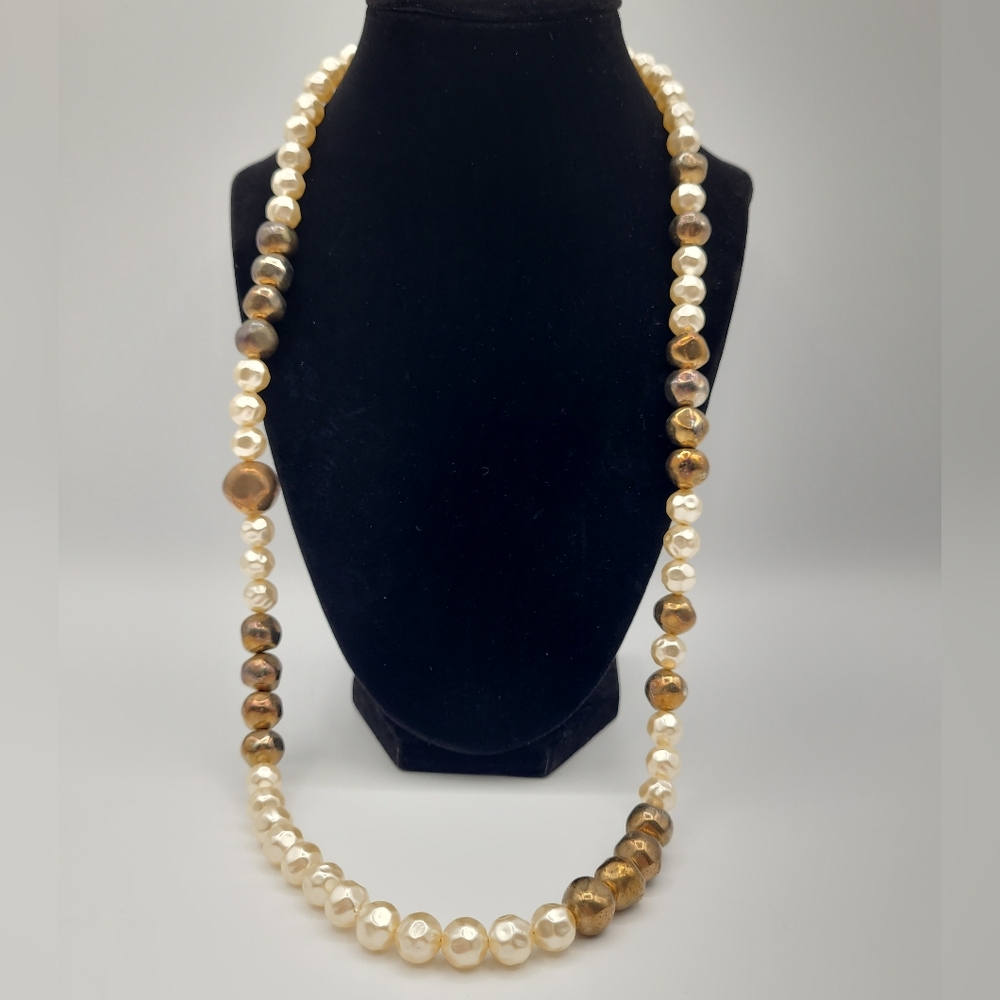 Vintage Style Faux Pearl & Gold Tone Long Beaded Necklace